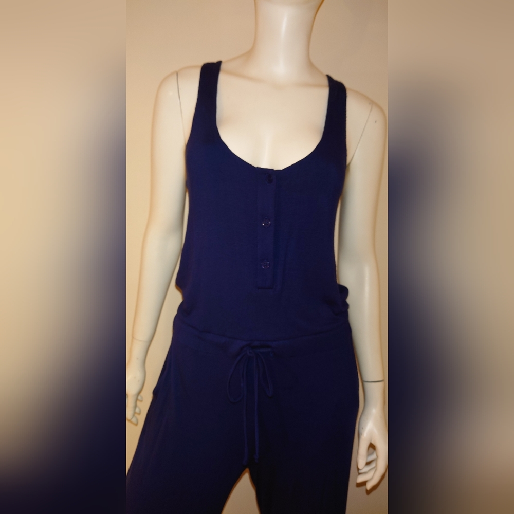 NWT Navy Blue NELL COUTURE Soft Jersey Knit Drawstring Racerback Jumpsuit  XS 2 - Picture 4 of 14